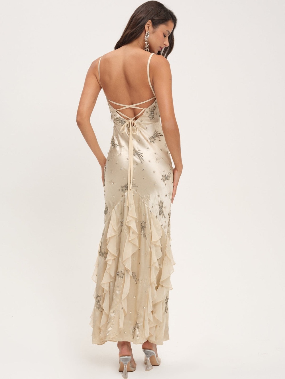 For Love & Lemons Elea Shooting Star Cream Beaded Ruffle Maxi Dress Size Small - Picture 5 of 14